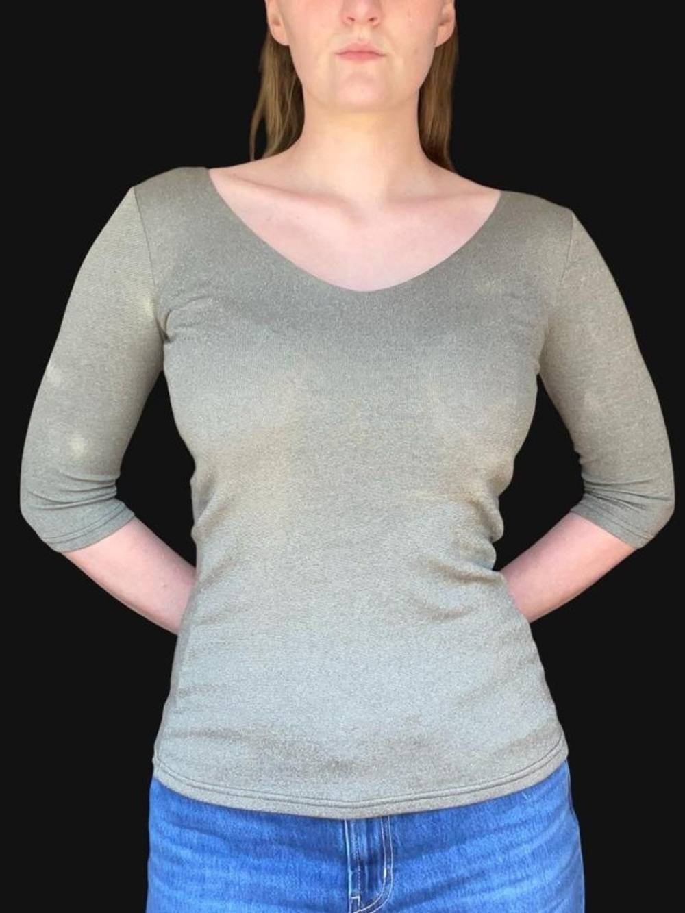 Michael Stars Olive Green Metallic V-Neck 3/4 Sleeve Top